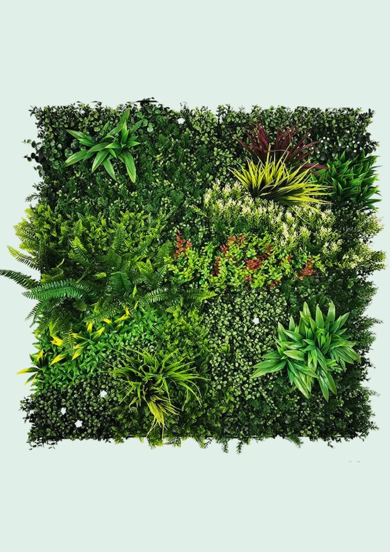 Framed green wall panel, burgundy and tropical mix