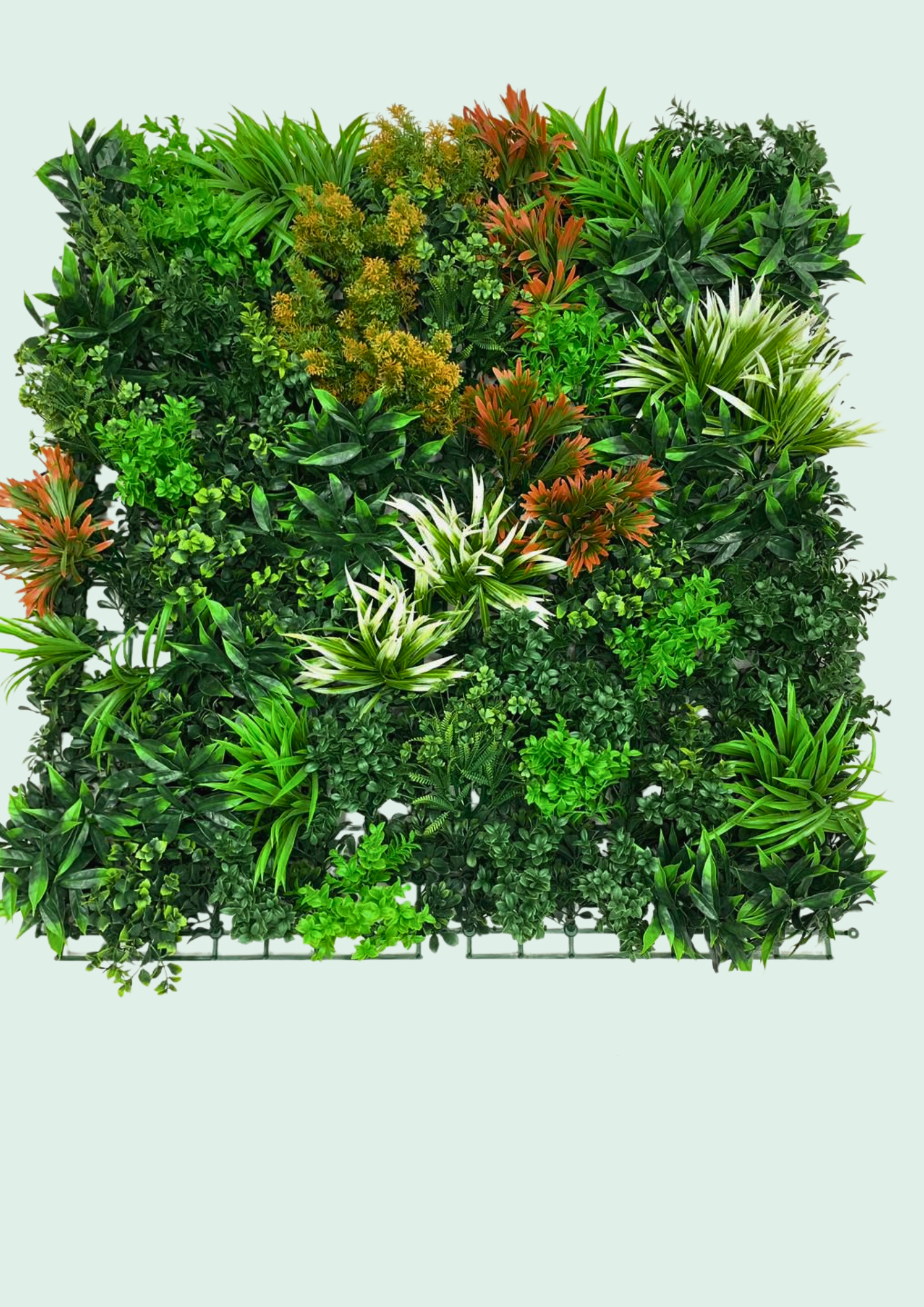 Lush tropical green wall panel with orange and cream accent foliage