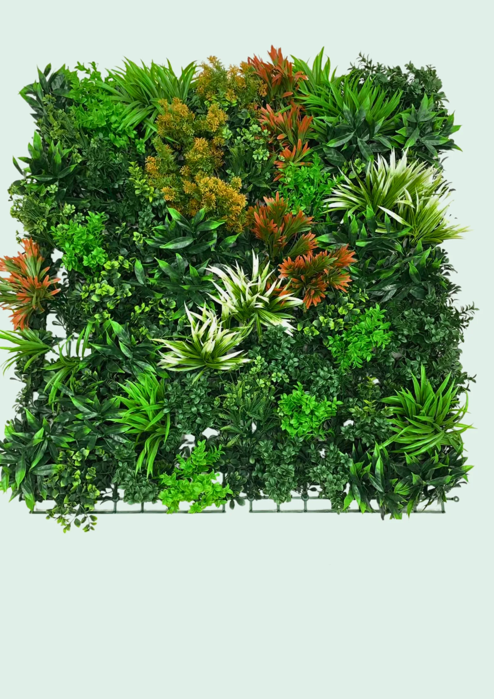 Lush tropical green wall panel with orange and cream accent foliage