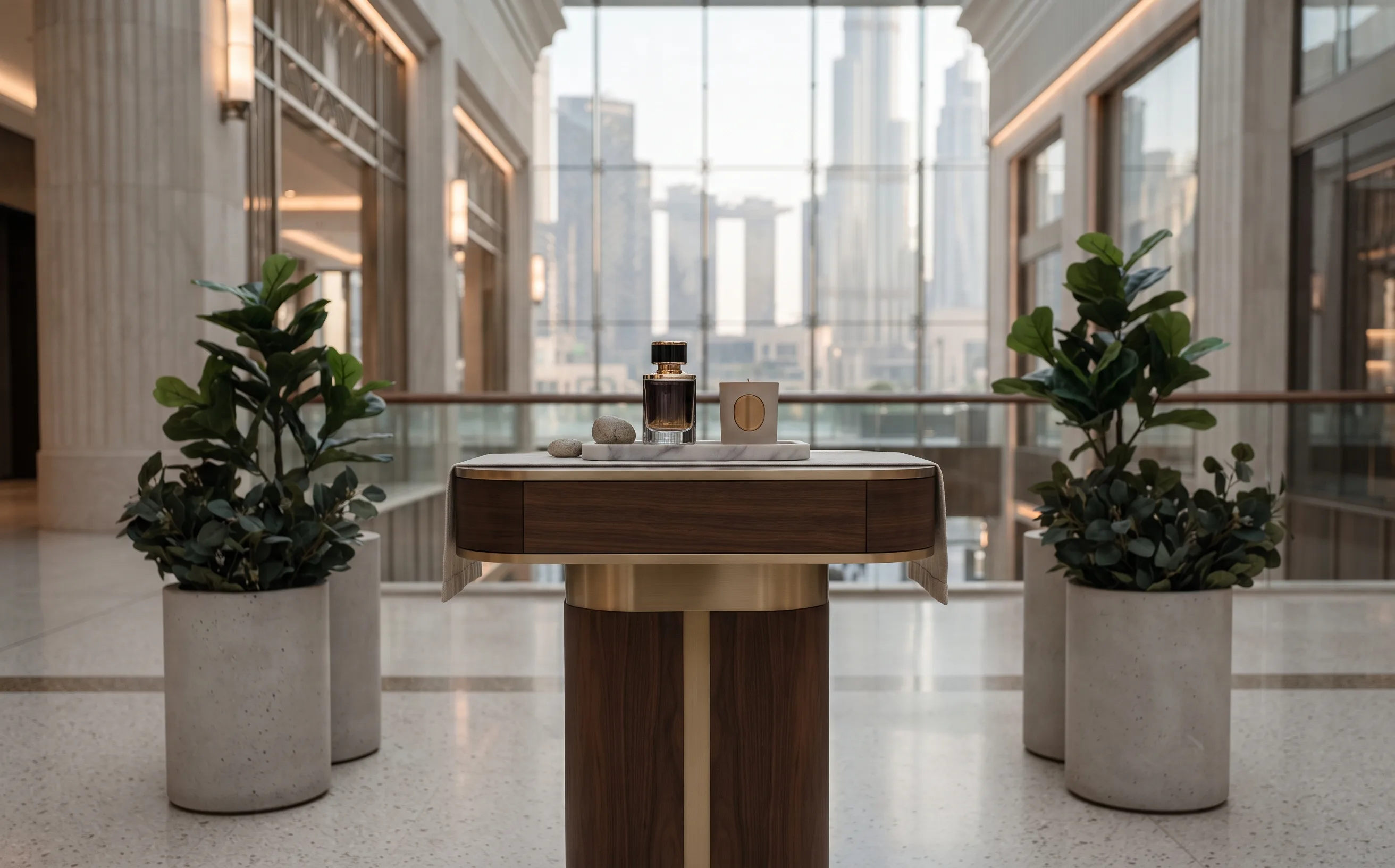 Product display pedestal flanked by fiddle-leaf fig planters in a mall atrium.