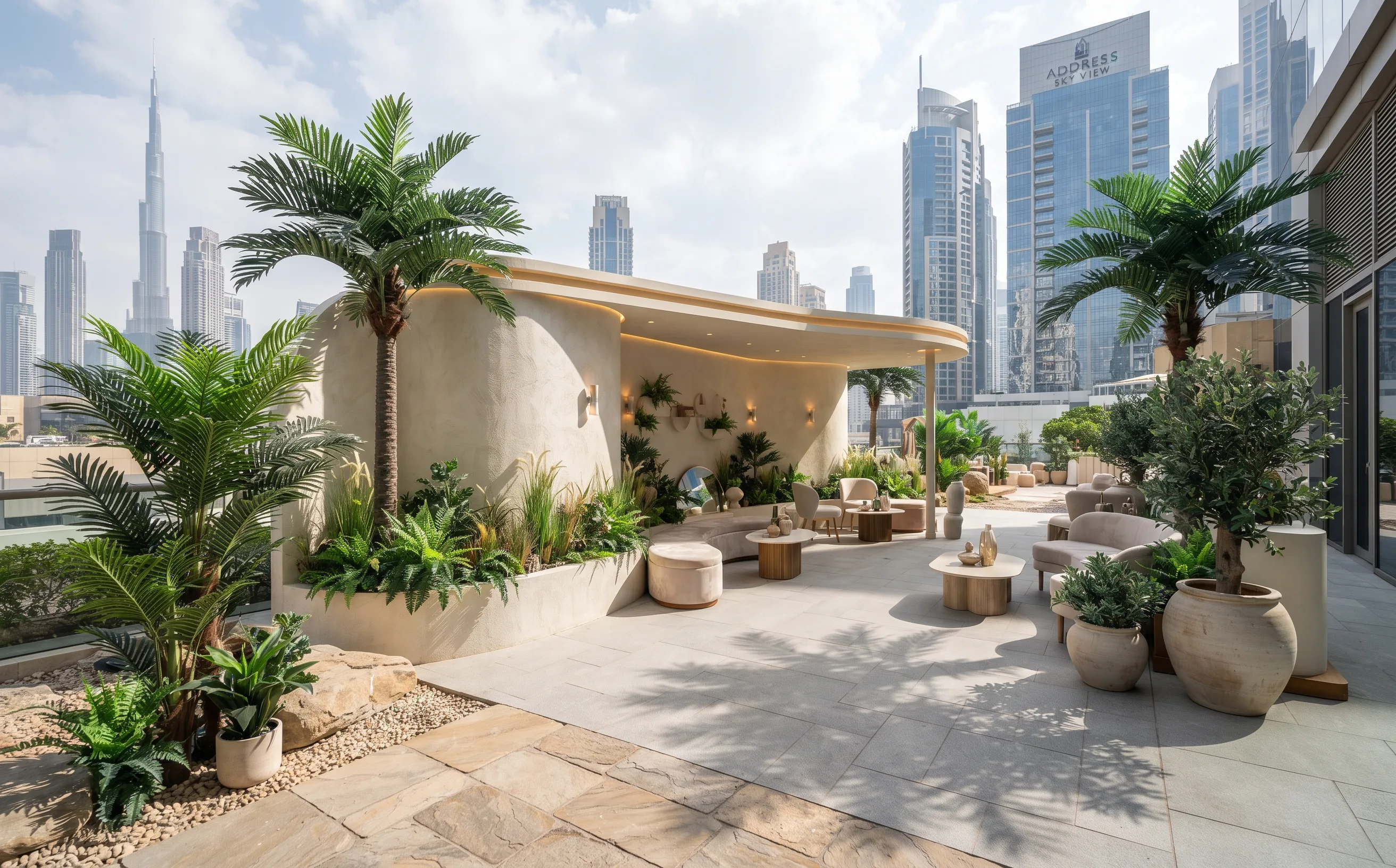 Rooftop brand activation lounge styled with palms and planters.