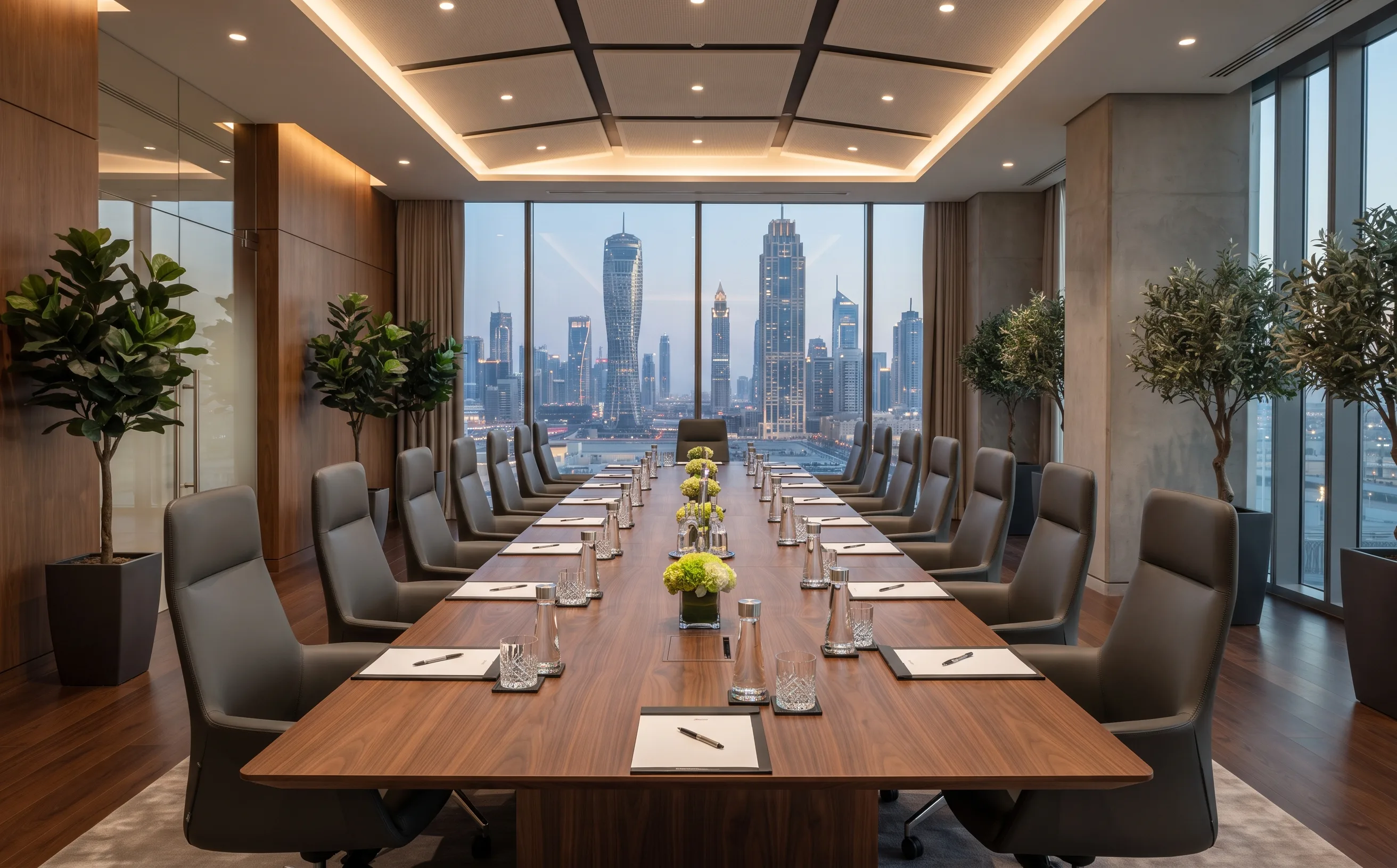 Corporate boardroom with olive and fiddle-leaf fig trees against a skyline view