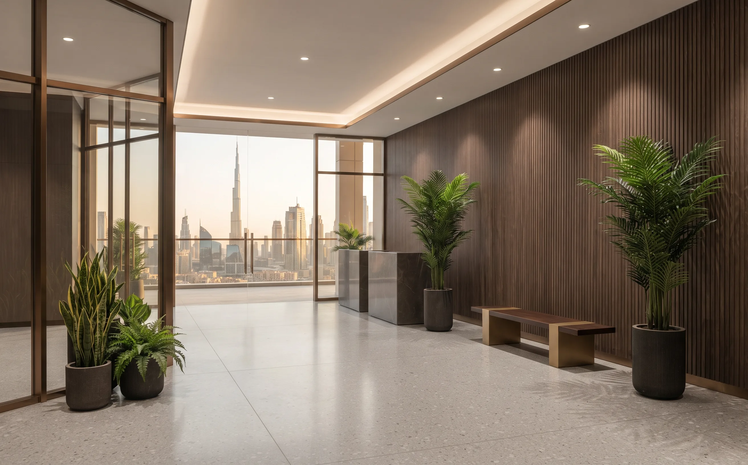 Corridor styled with palms, ferns and a bench seating nook.