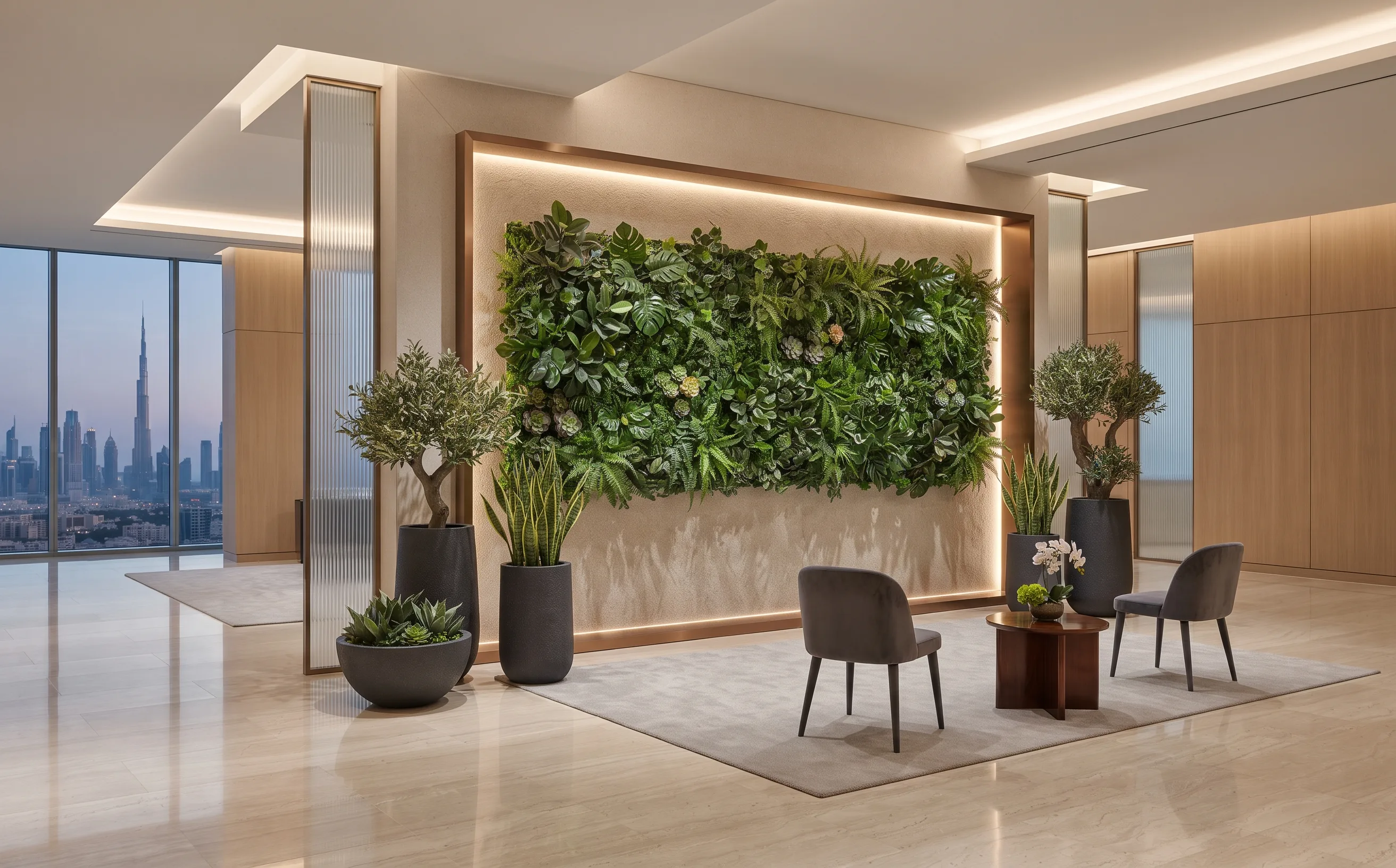 Reception lounge with a living-style green wall panel.