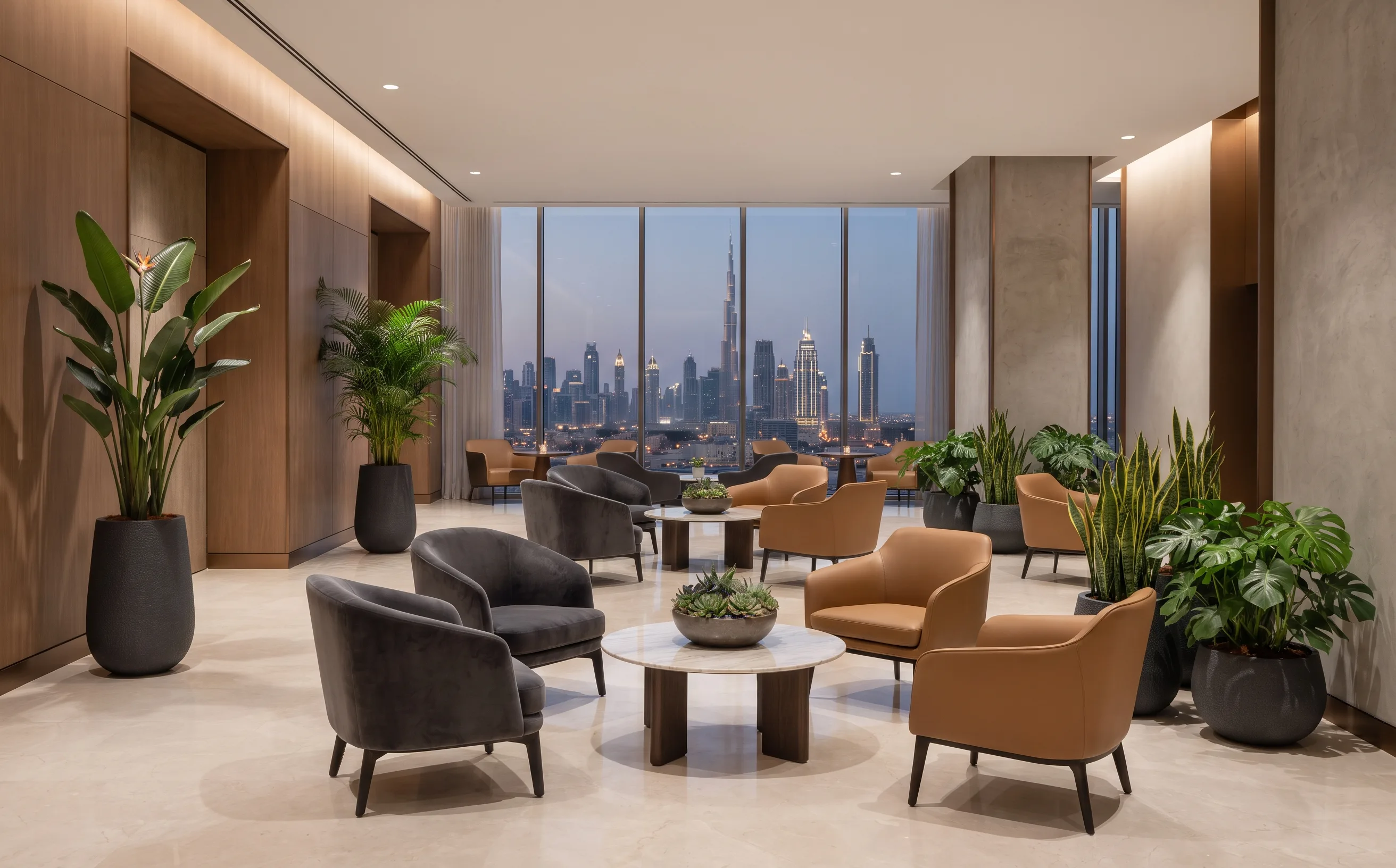 Corporate networking lounge with planters and a Dubai skyline backdrop