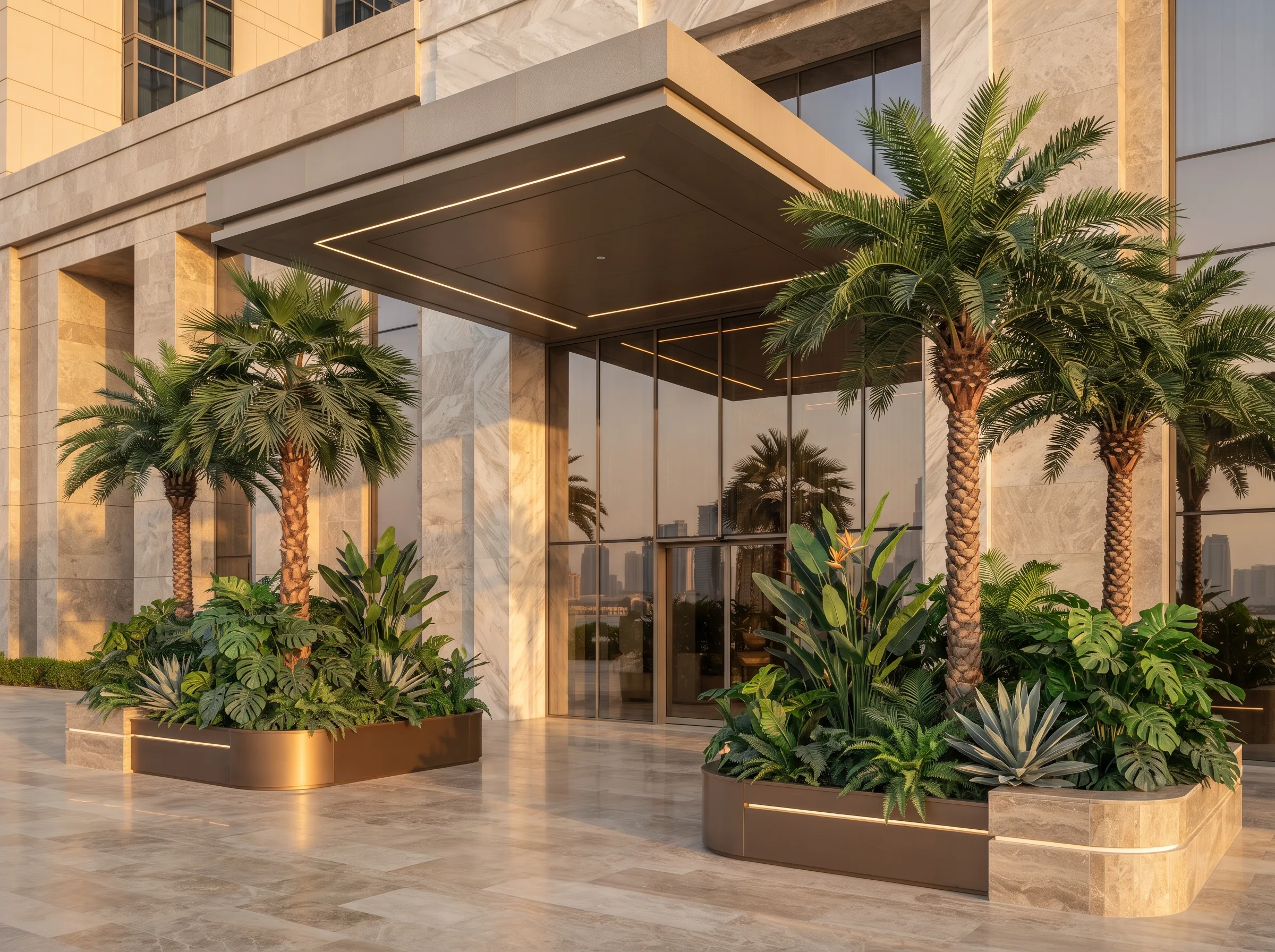 Hotel entrance canopy flanked by large date palms and tropical planters