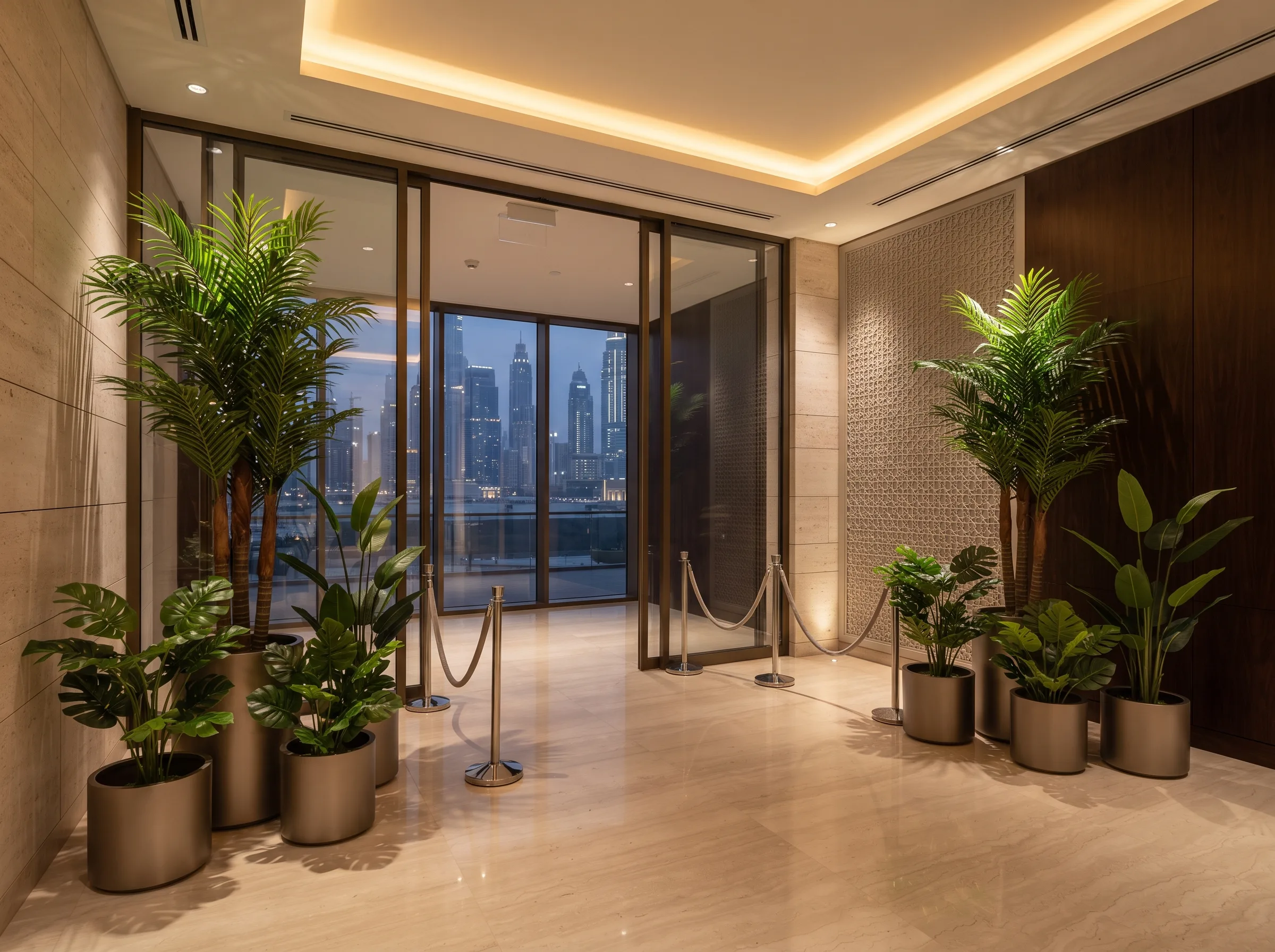 Hotel entrance walkway styled with palms and monsteras.