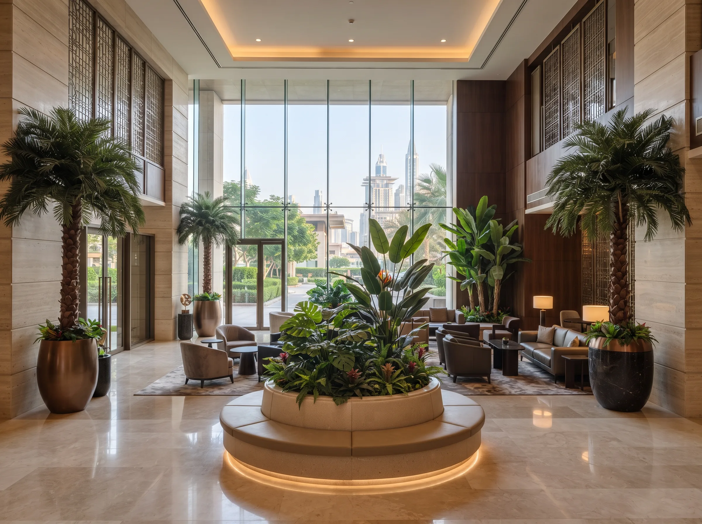 Hotel lobby seating area with a round central planter and bird of paradise foliage