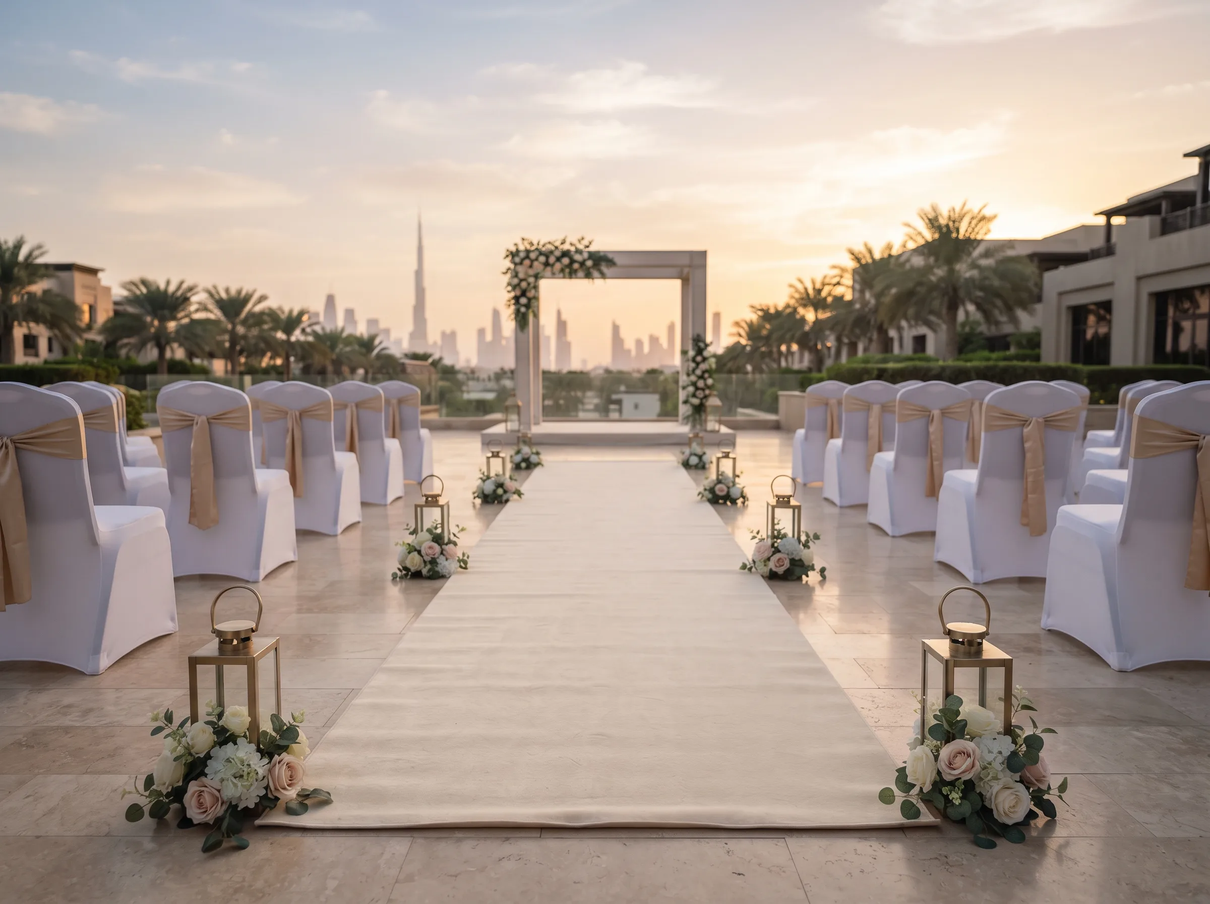 Aisle styling with a floral archway and skyline backdrop.