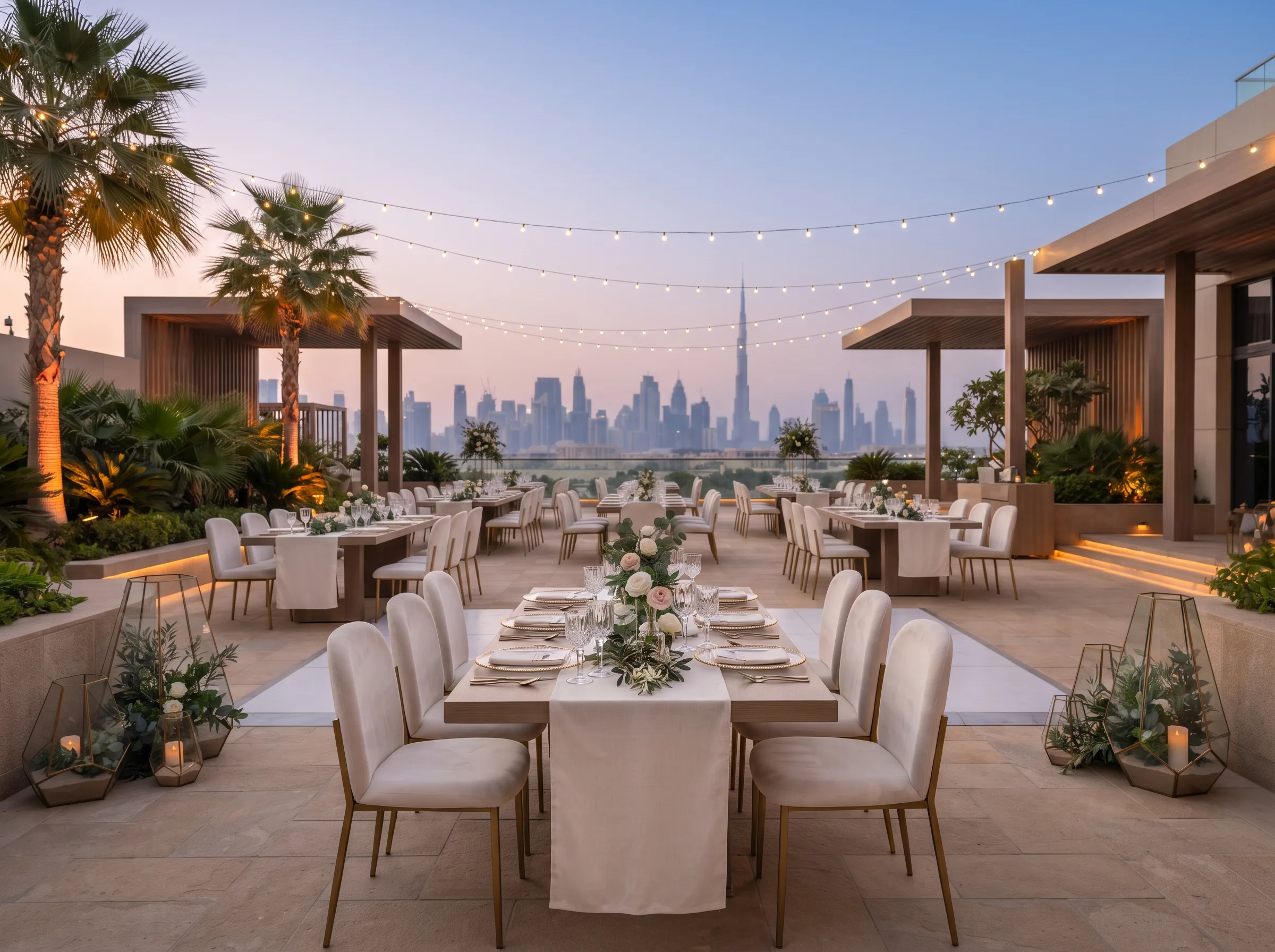 Rooftop reception tables styled with greenery and string lighting.